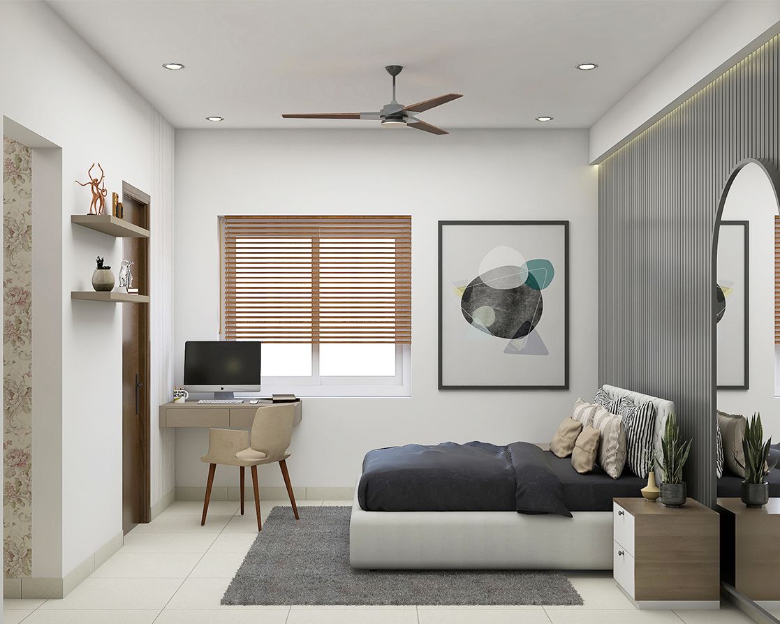 Spacious Master Bedroom Design With Dark Coloured Bed And Grey Accent Wall