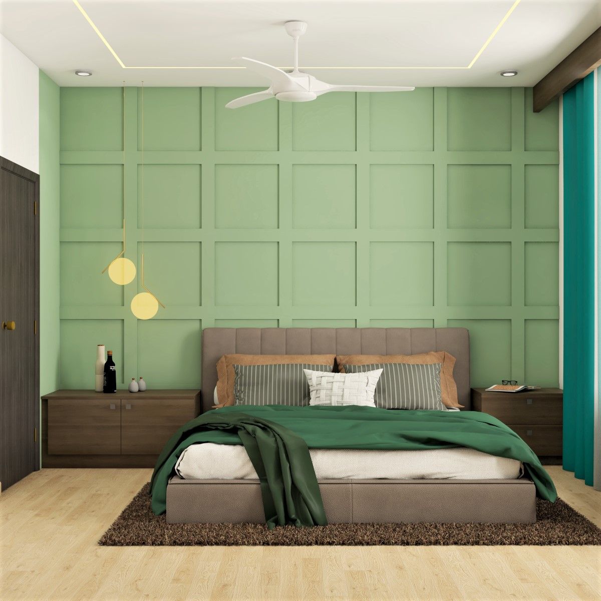 Spacious Master Bedroom Design With Green Trims And Beige Tufted ...