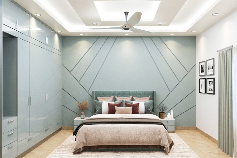 Modern Multifunctional Master Bedroom Design With Pastel Blue Wall