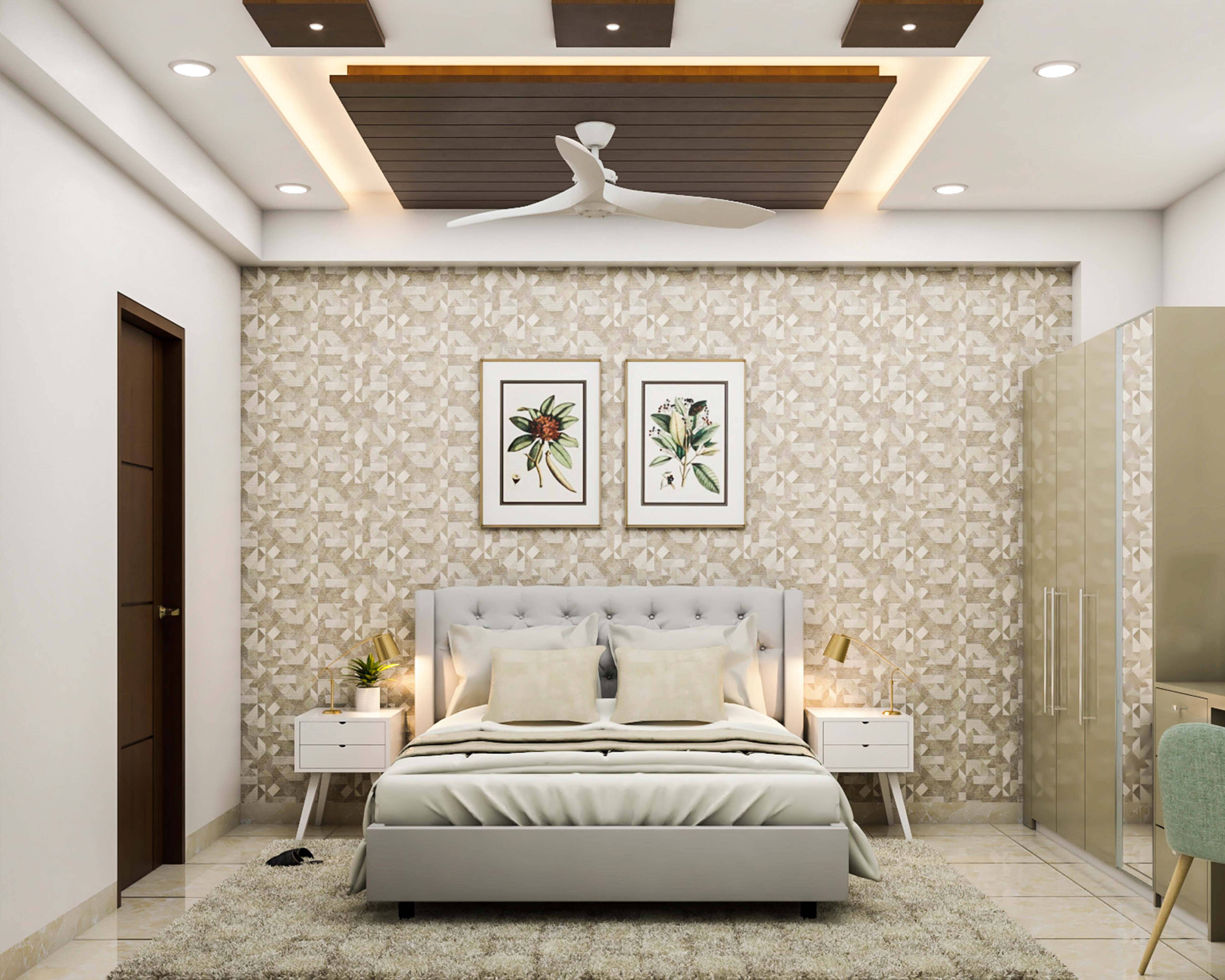 Minimal Master Bedroom Design With Floral Wallpaper And False Ceiling