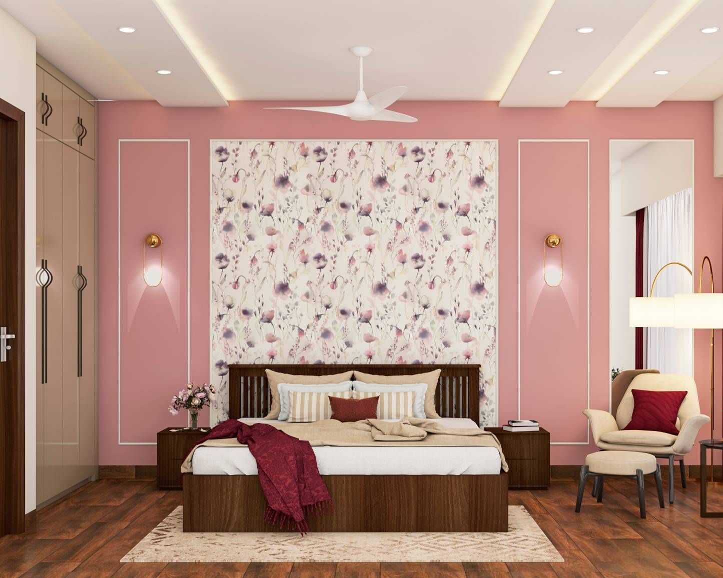 Modern Master Bedroom Design With Floral Patterns And Dressing Unit