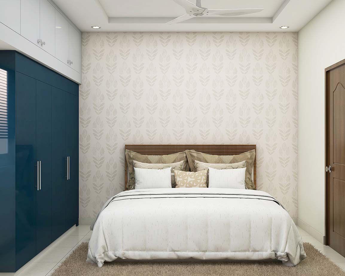 Contemporary Guest Bedroom Design With Floral Wallpaper And Glossy Wardrobe