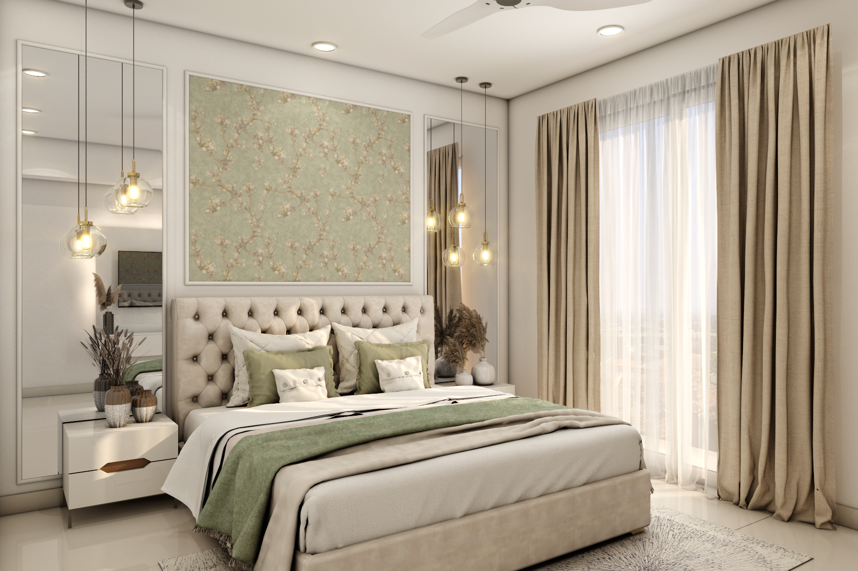 Pastel Green and Beige-Themed Master Bedroom Design