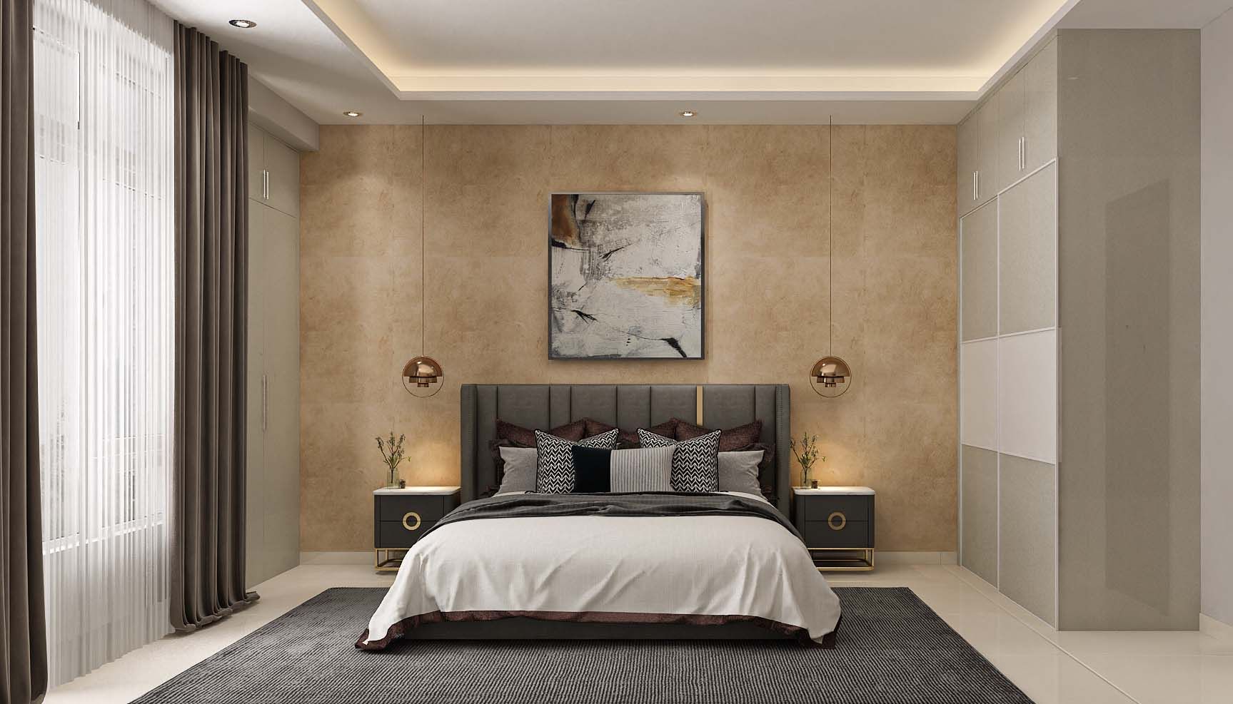 Contemporary Master Bedroom Design With Pendant Lights | Livspace