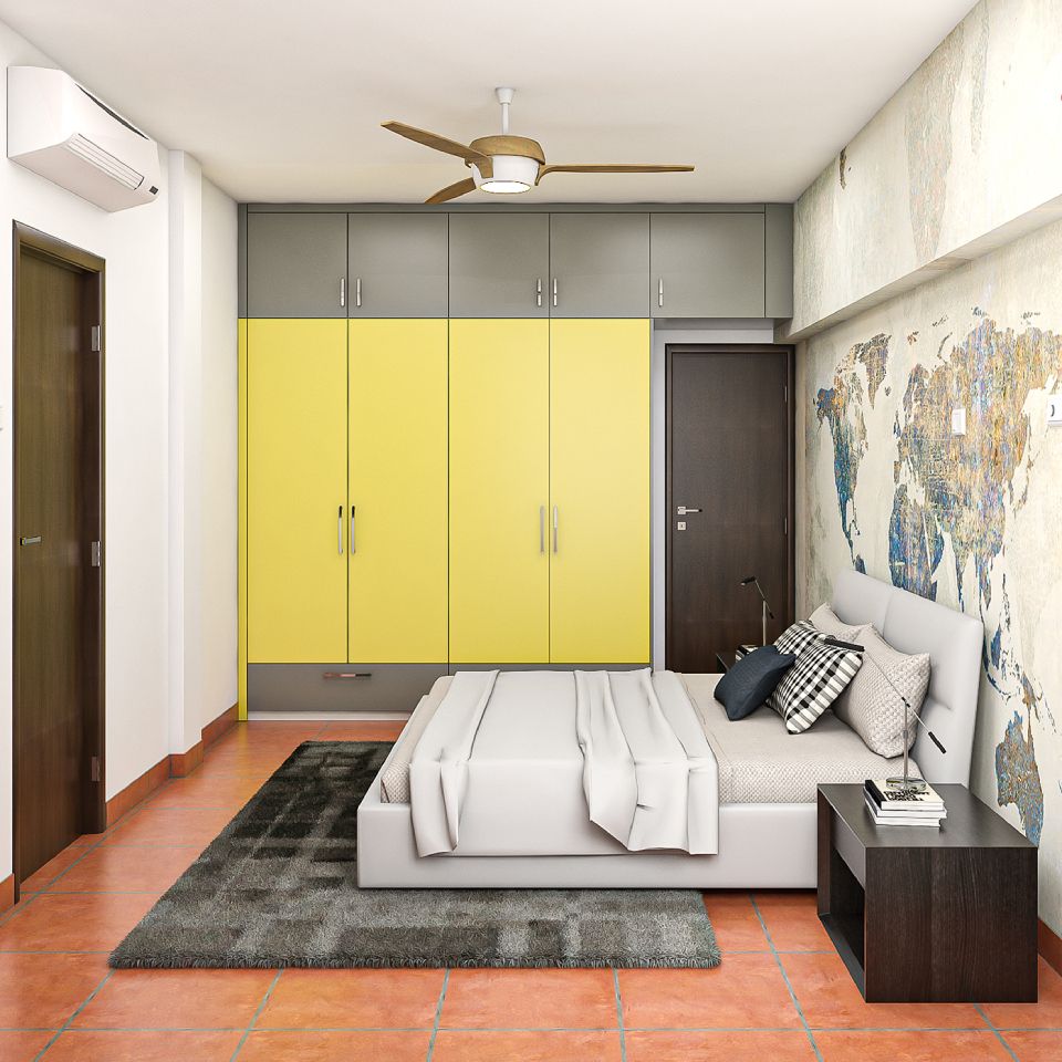 Modern Master Bedroom Design With Yellow And Grey Wardrobe