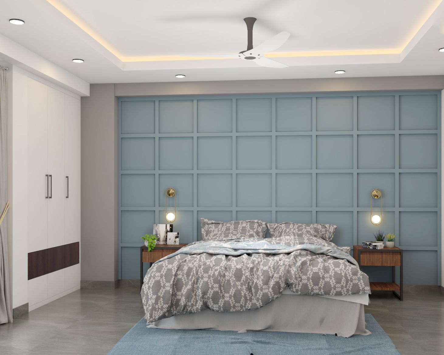 Contemporary Teal-Blue Master Bedroom Design With Grid Wall