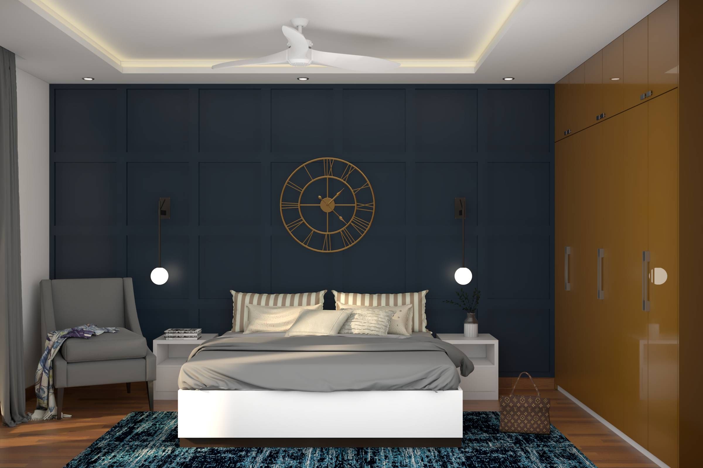 Spacious Master Bedroom Design With Dark Blue Headboard | Livspace