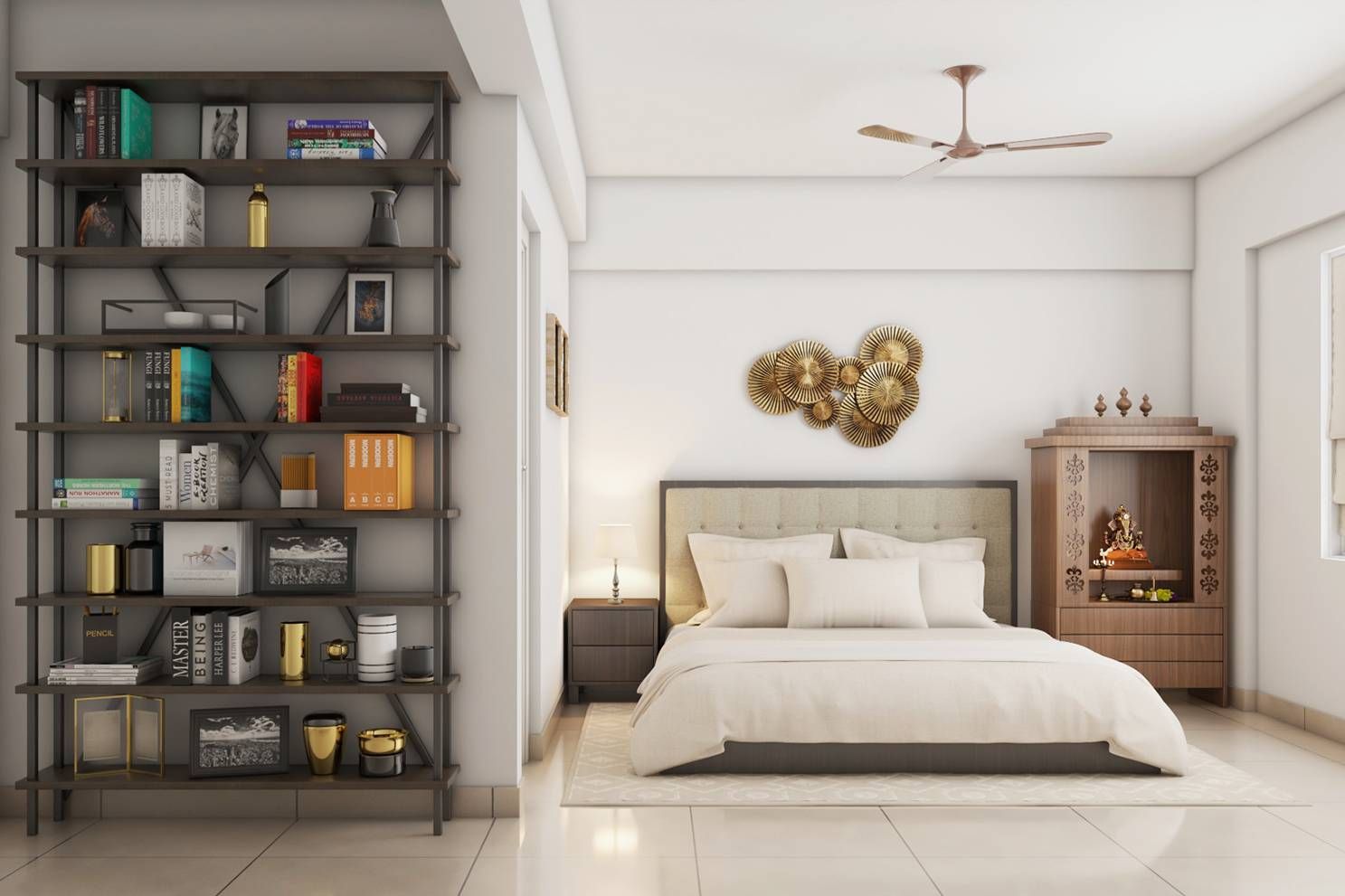 Modern Master Bedroom Design With Open Book Rack And Open Shelves