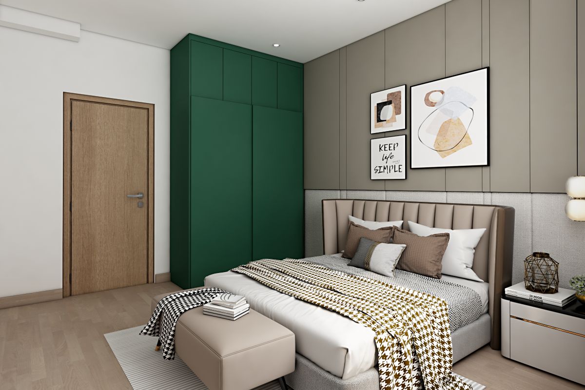 Compact Master Bedroom Design With Green Sliding Wardrobe | Livspace