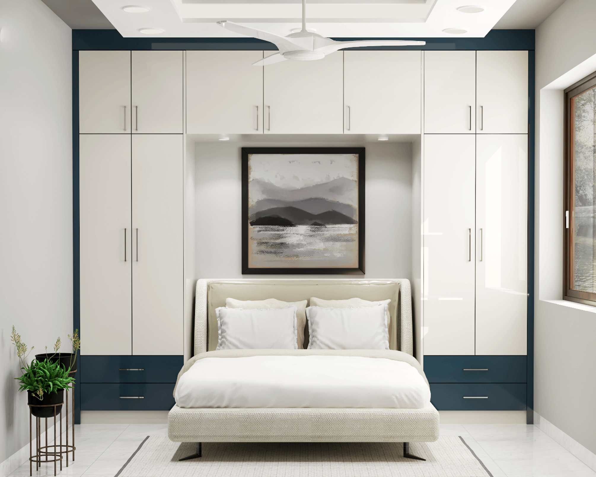 Modern Style Convenient Master Bedroom Design In White And Blue
