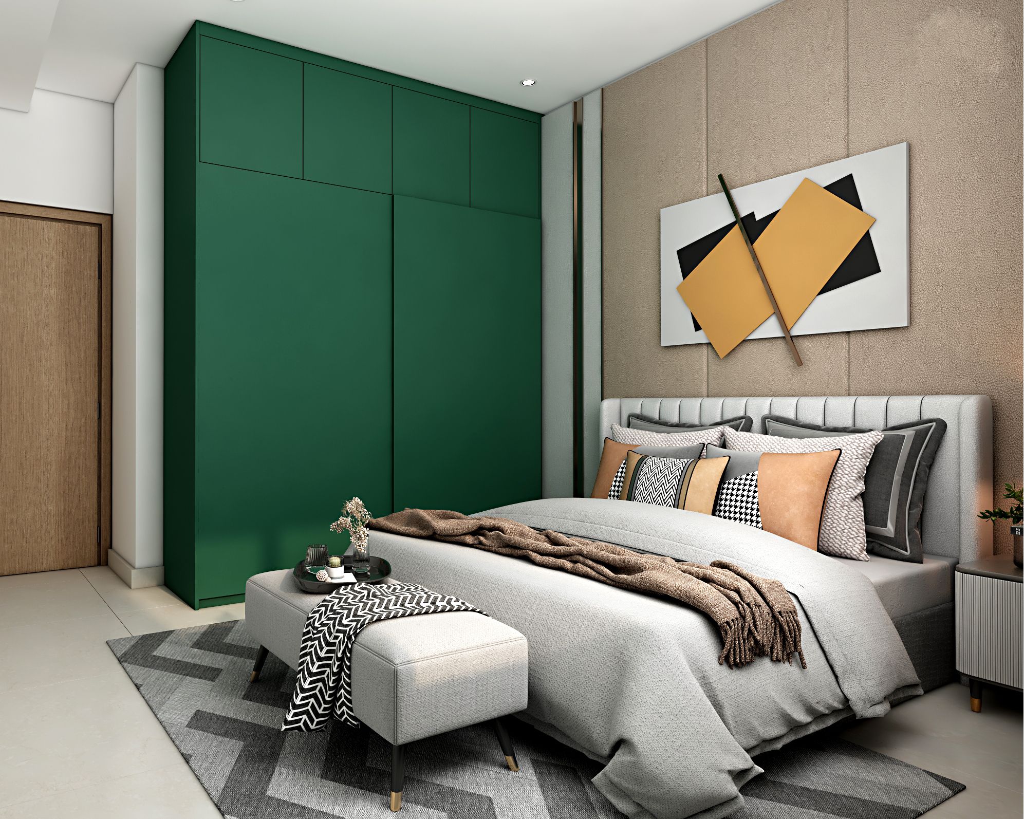 Contemporary Master Bedroom Design With Green Sliding Wardrobe | Livspace