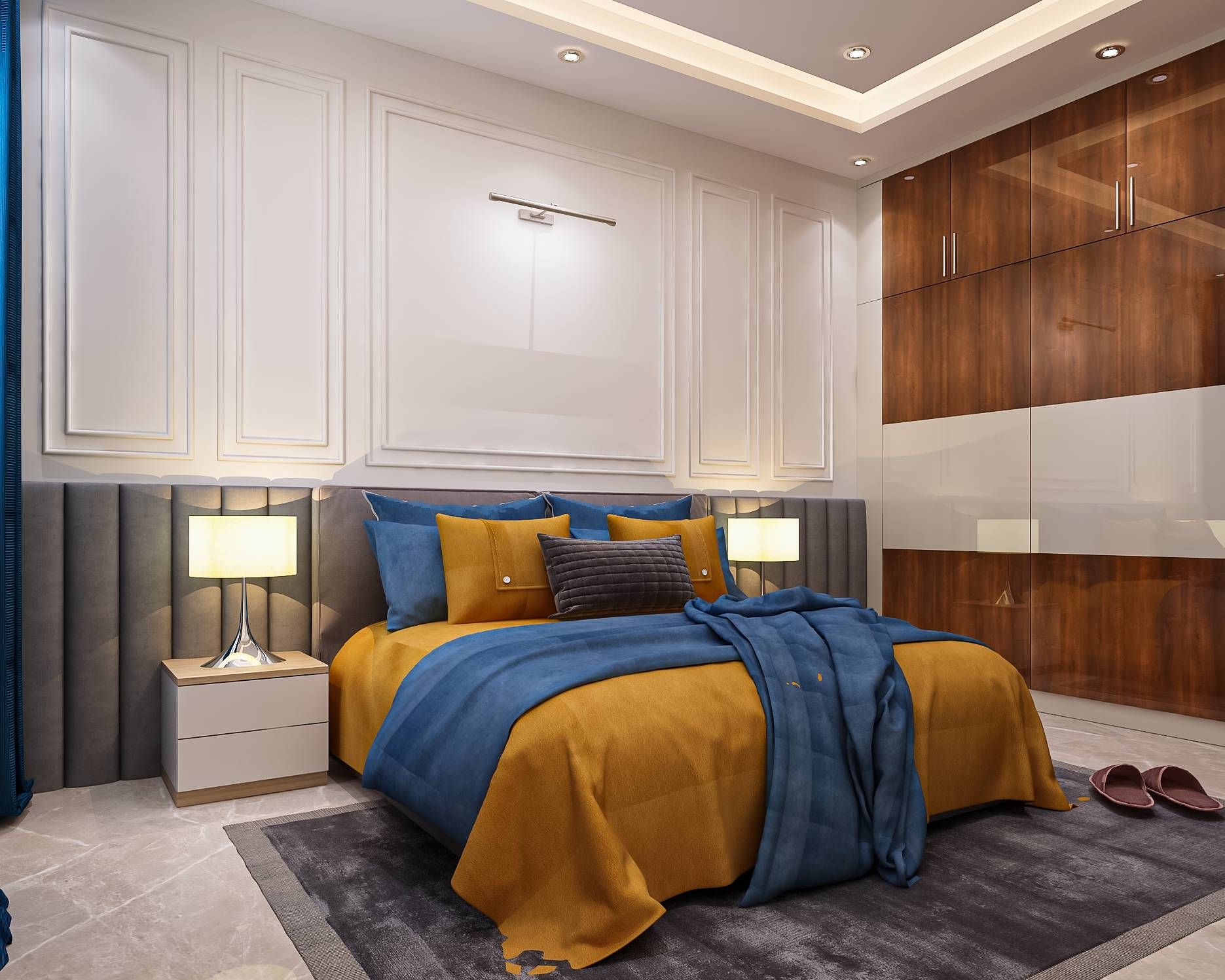 Modern Master Bedroom Design With Extended Grey Headboard