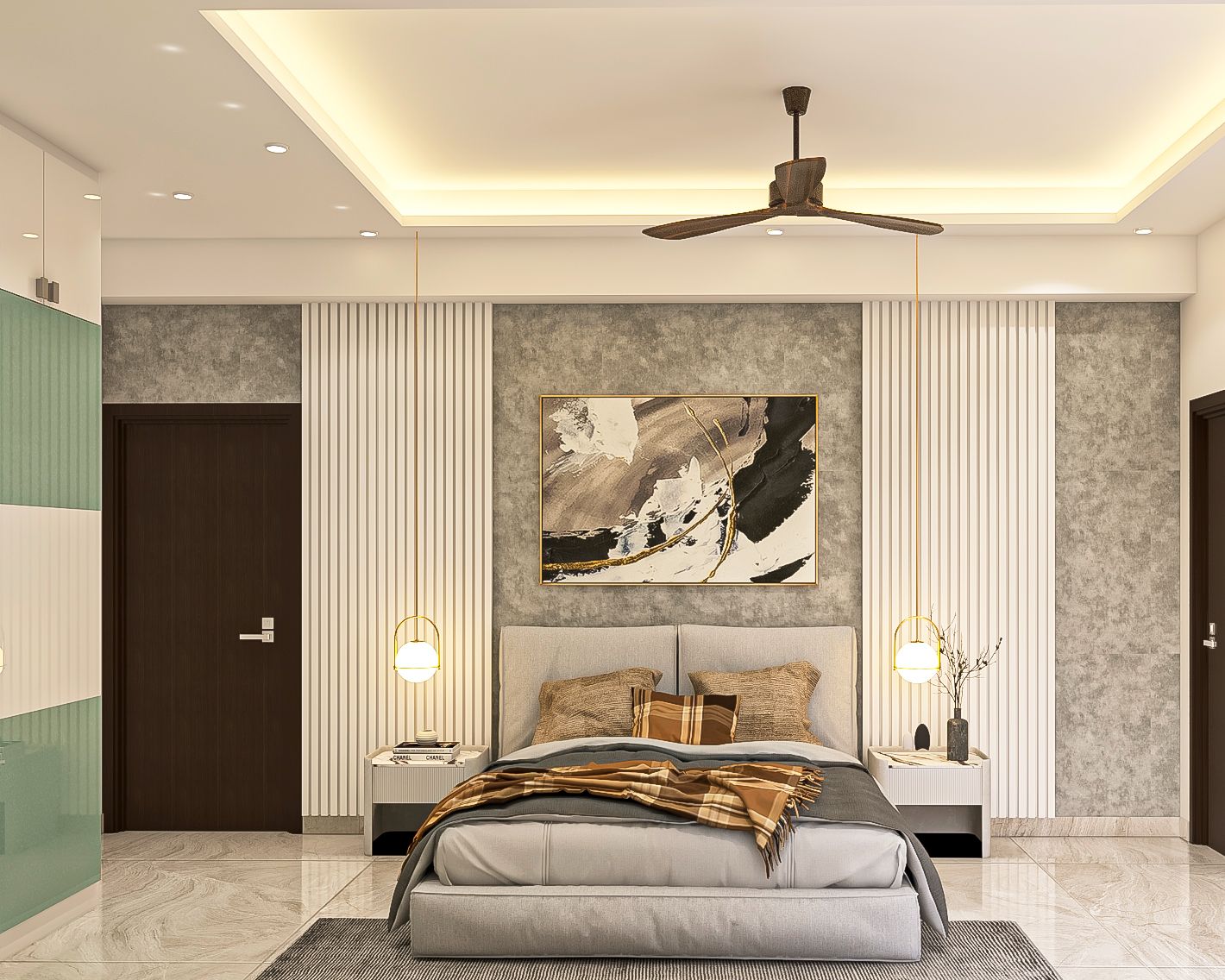 Contemporary Master Bedroom With Mustard Bed And Grey Wallpaper
