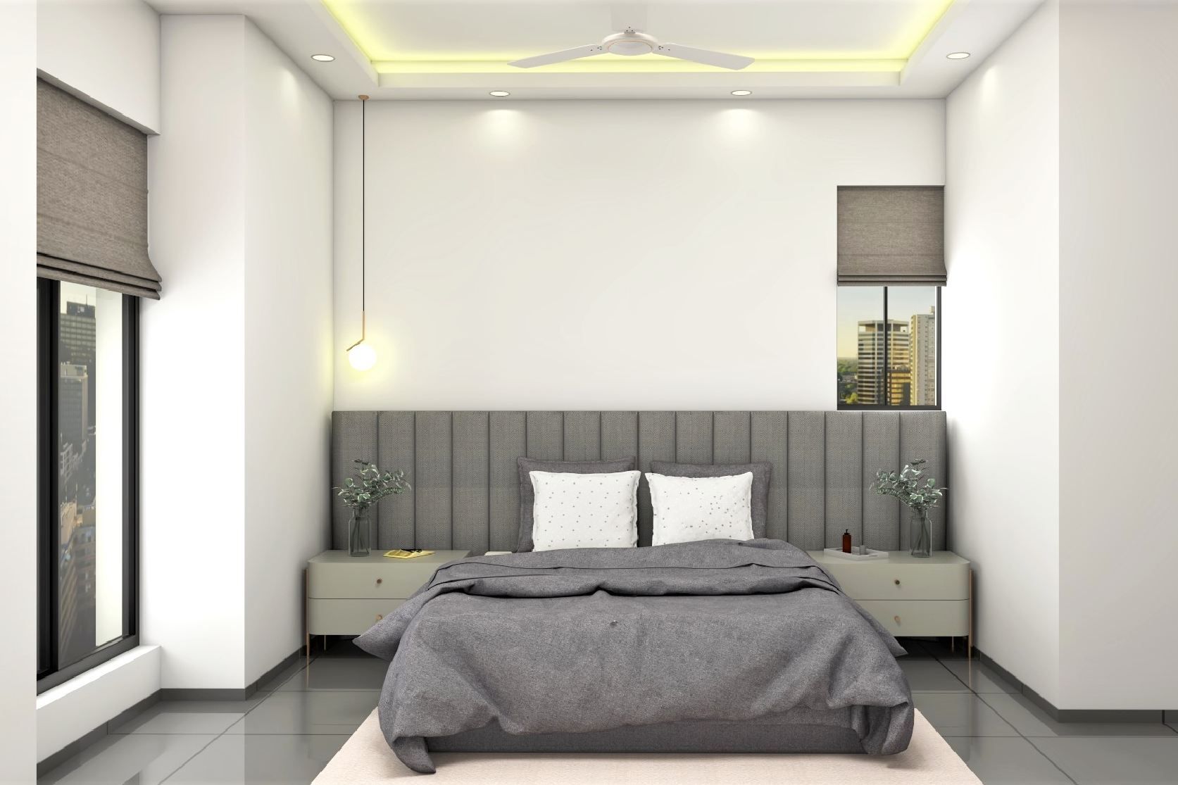 Grey Minimalistic Master Bedroom Design With False Ceiling