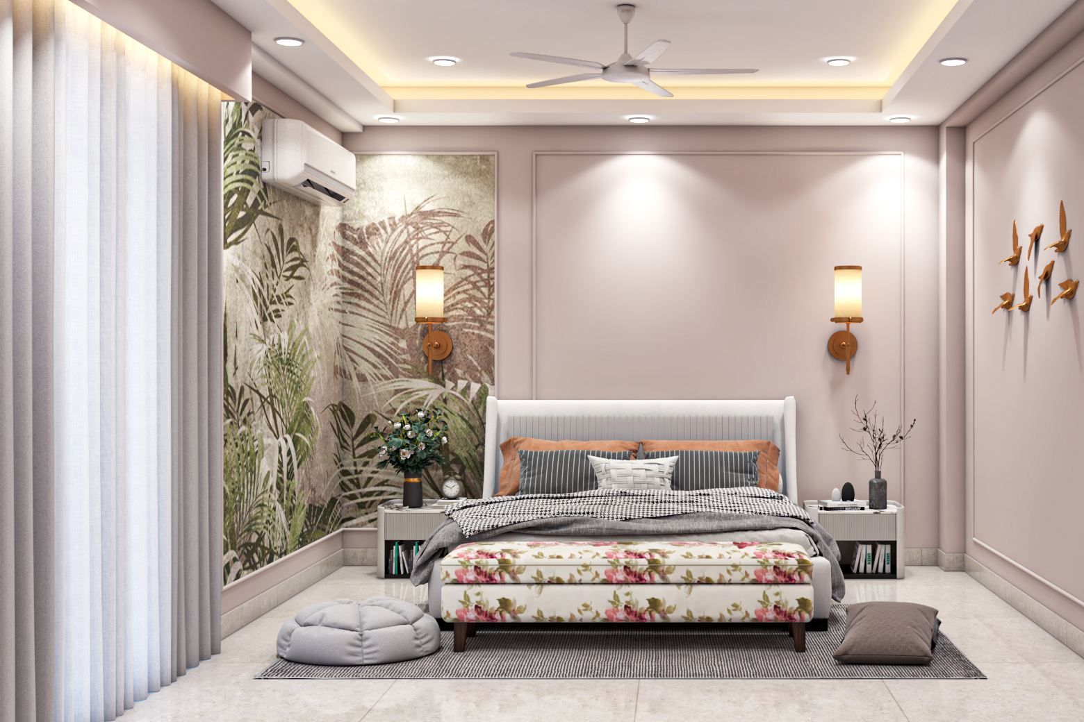 Spacious Master Bedroom Design With Lavender Trims | Livspace