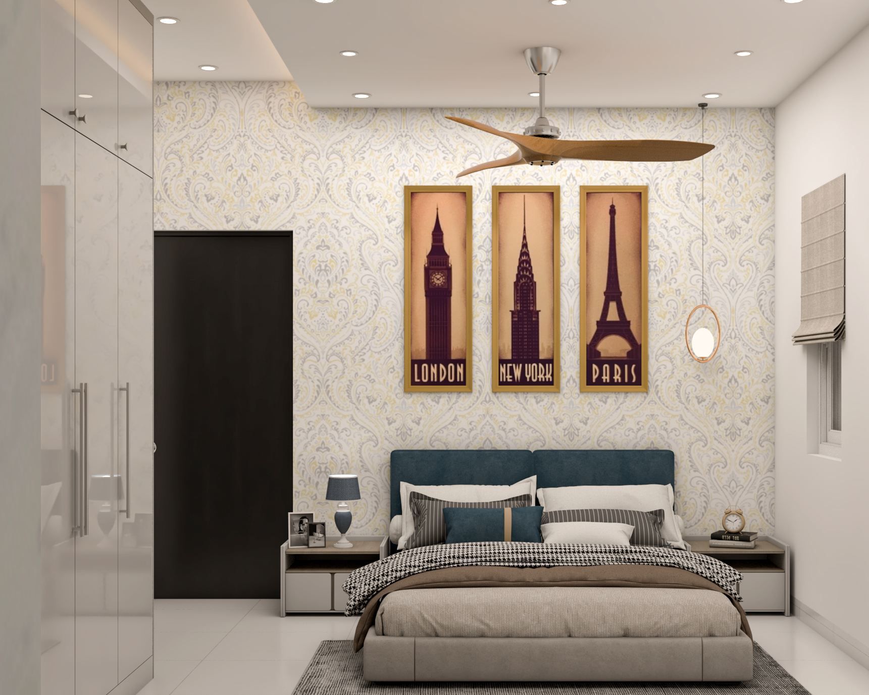 Spacious Master Bedroom Design With Blue Bed Livspace