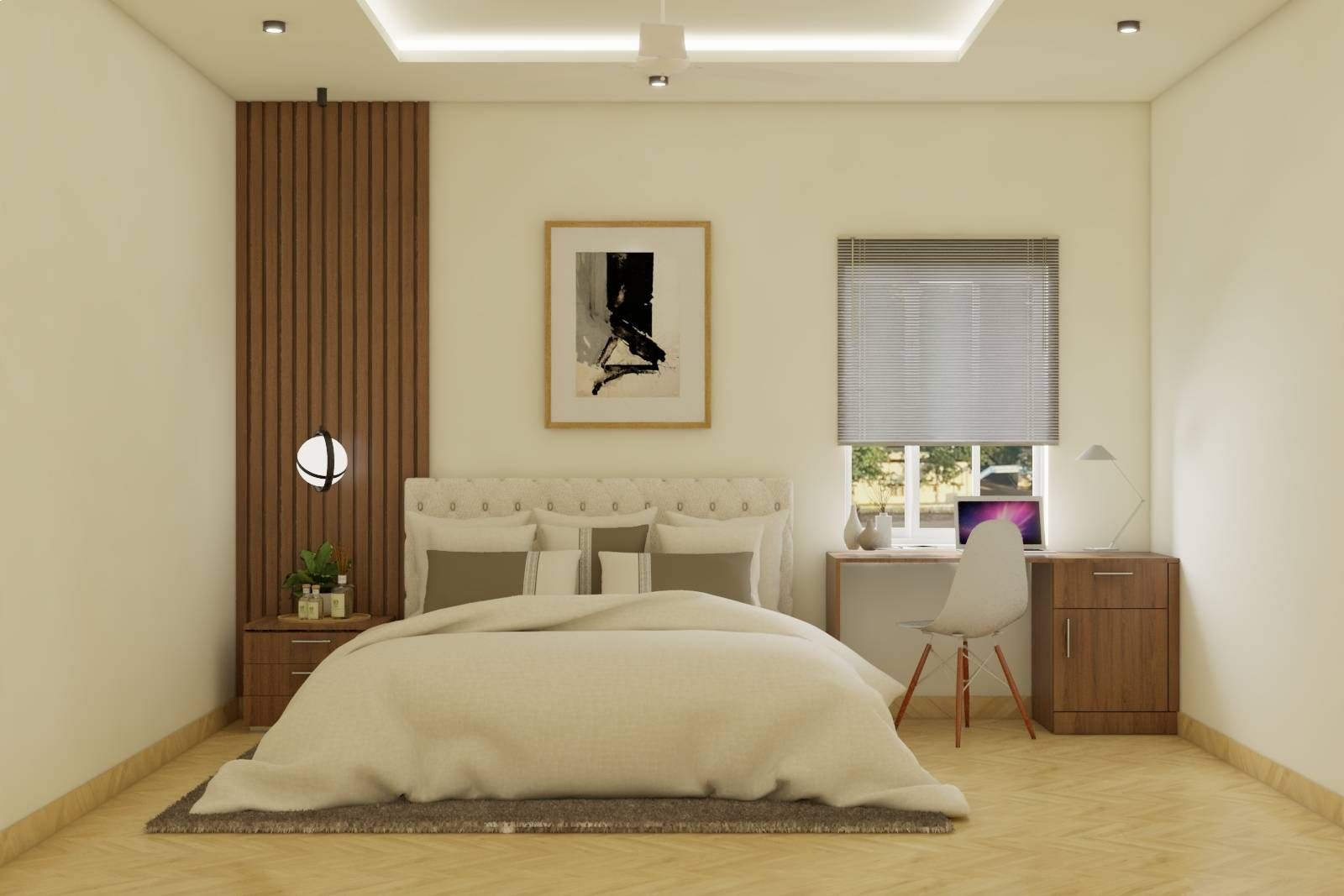 Modern Master Bedroom Design With Off-White Upholstered Bed