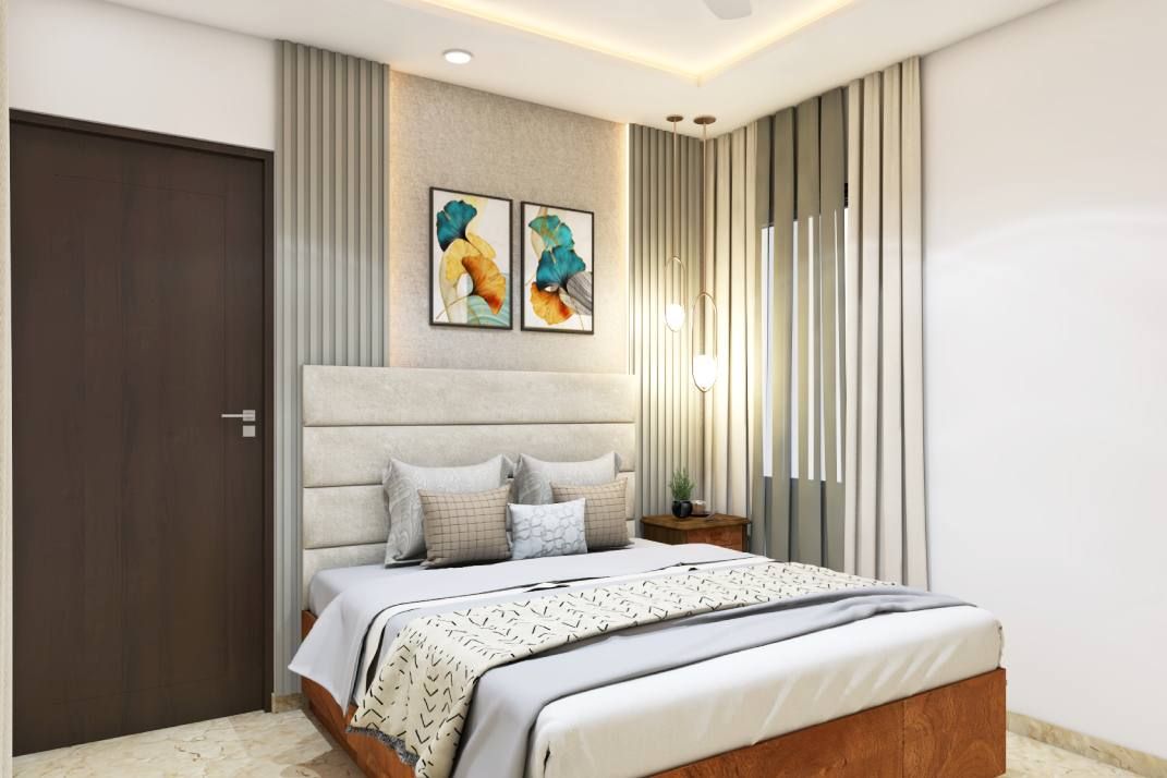 Compact Master Bedroom Design With Fluted Panels | Livspace