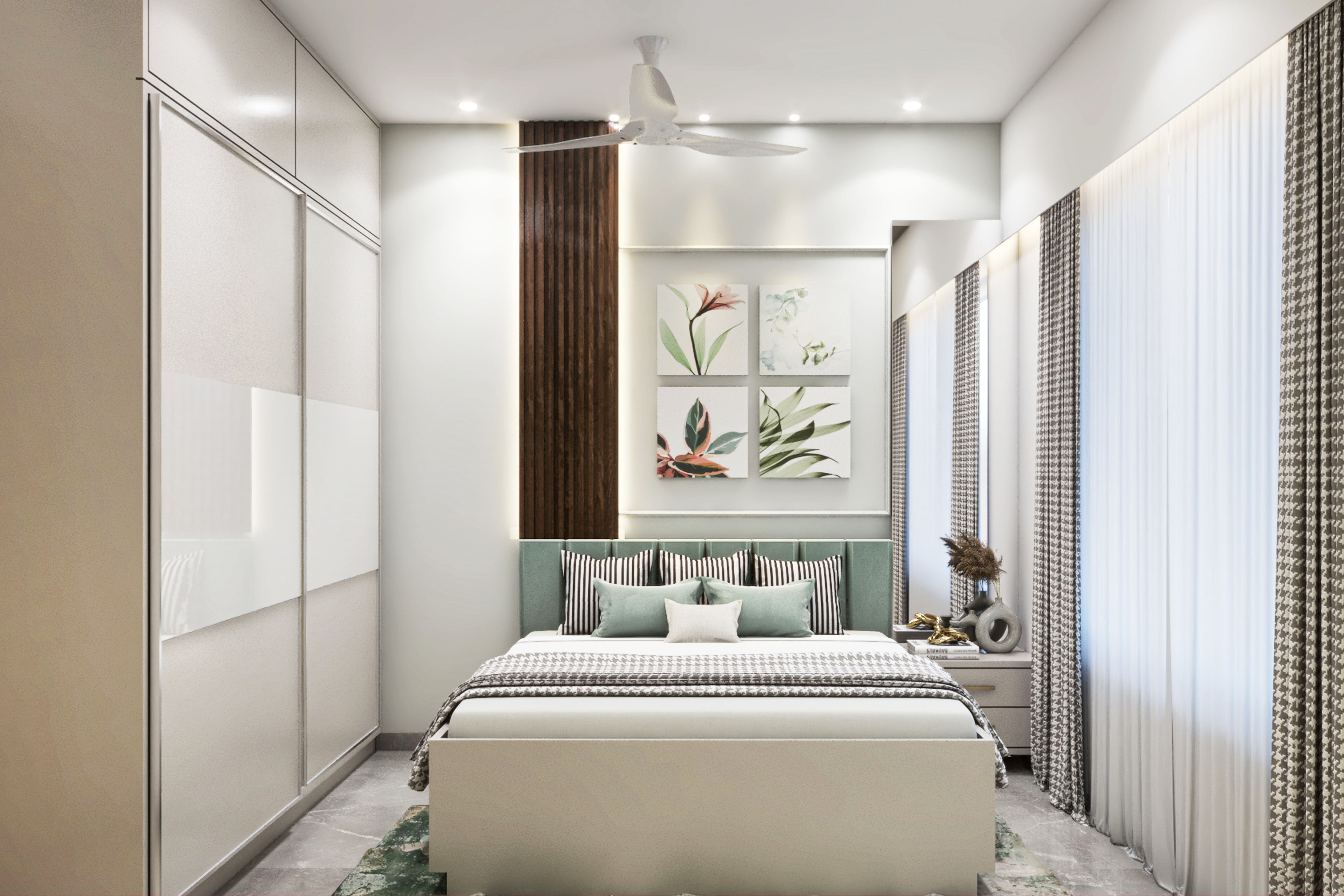 Modern Spacious White And Green Master Bedroom Design