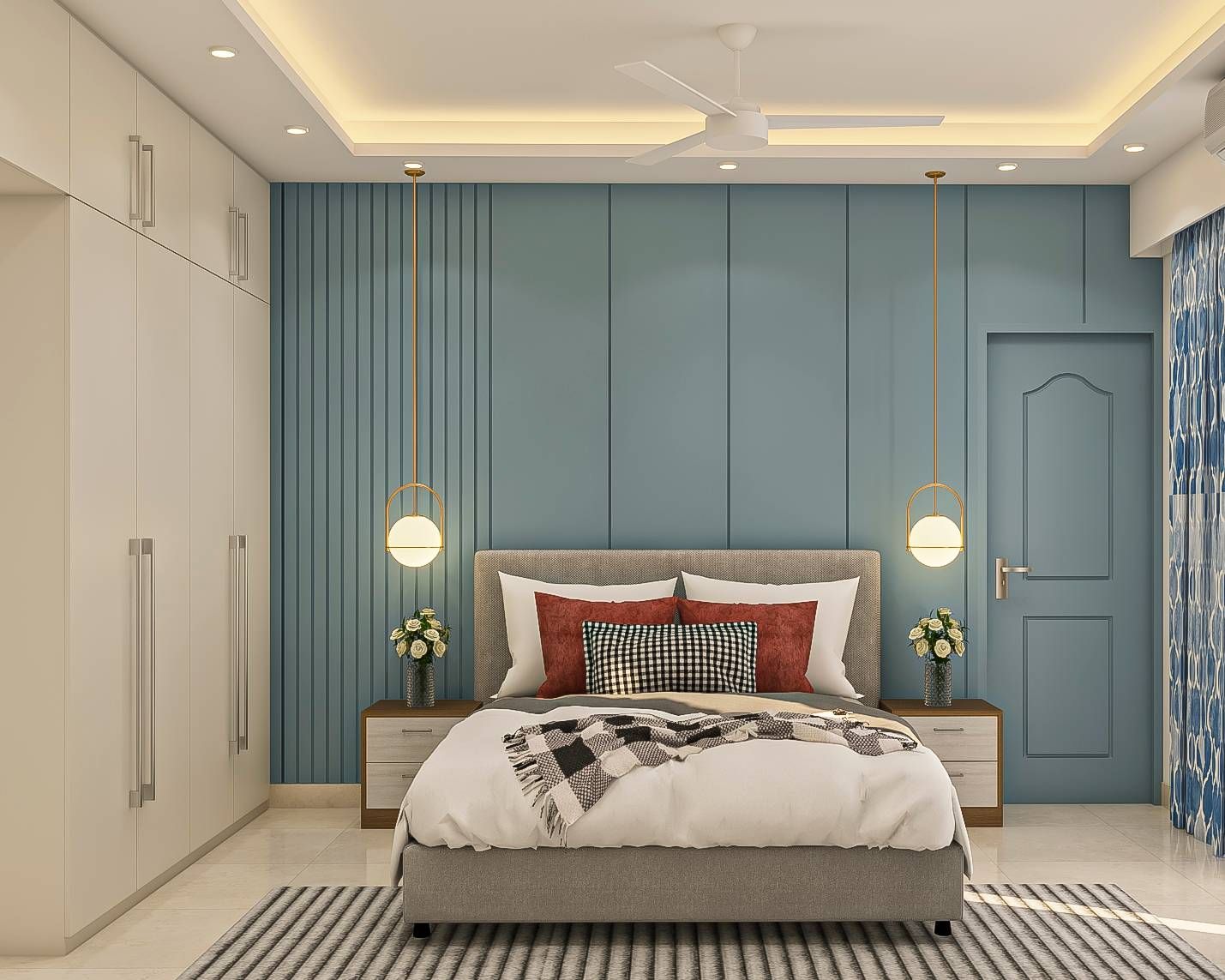 Contemporary Master Bedroom Design With Blue Accent Wall