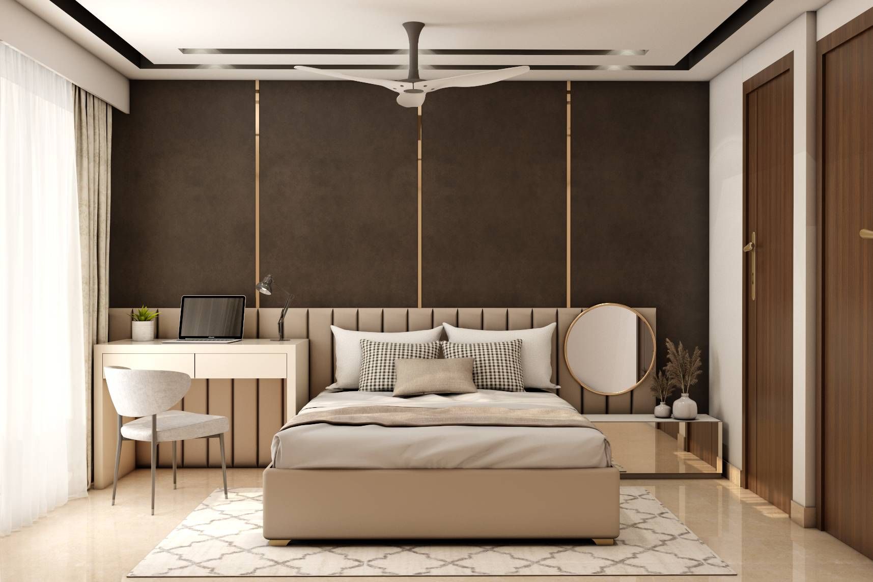 Contemporary Master Bedroom Design With Dark Brown Headboard Wall