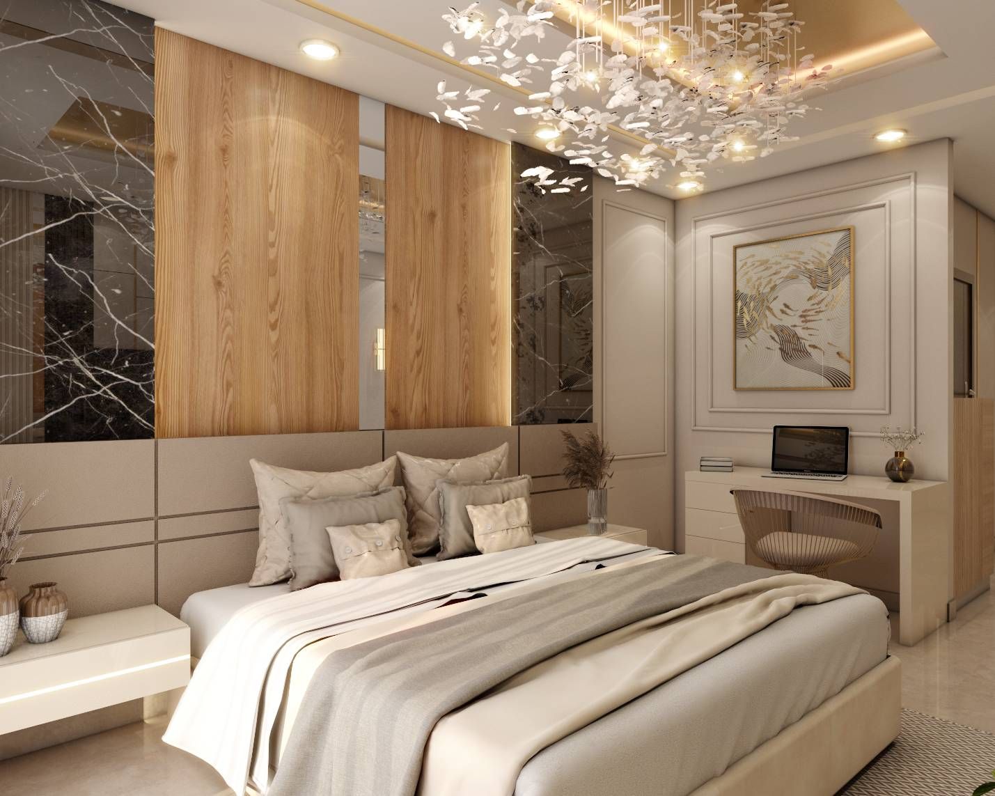 Classic Beige Toned Master Bedroom Design With Chandelier