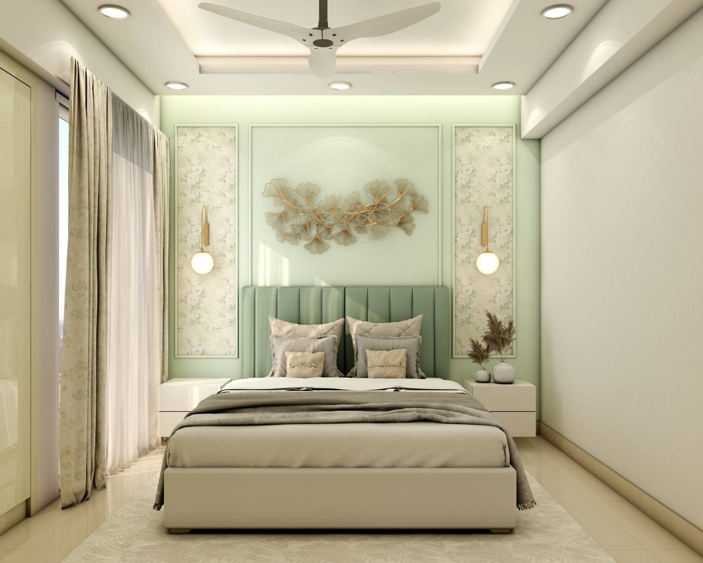 Pastel Green Spacious Master Bedroom Design With Large Window Livspace