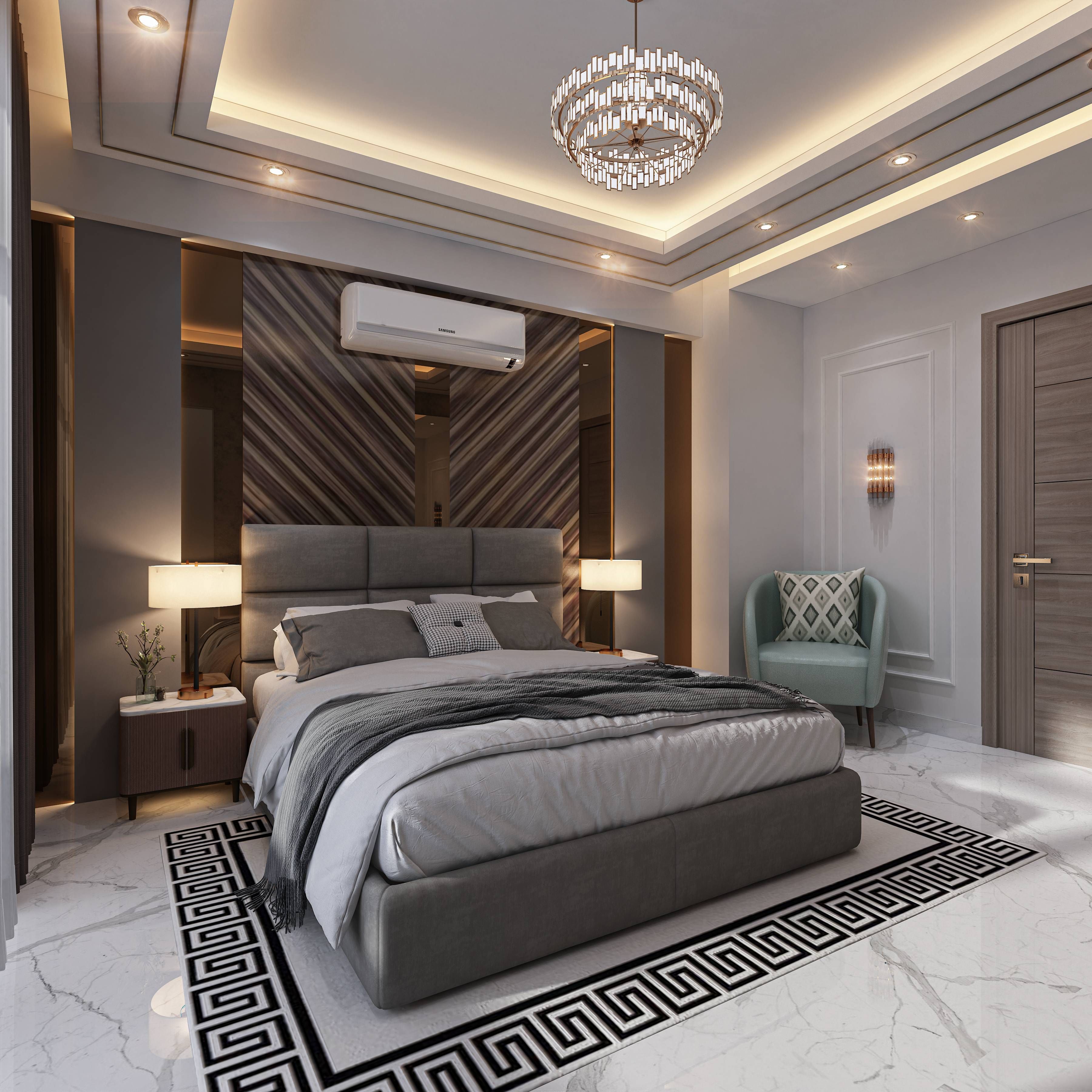 Contemporary Master Bedroom Design With Tinted Mirrors And Brown Stone Cladding