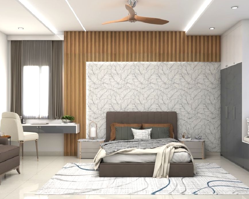 Spacious Master Bedroom Design With Fluted Wooden Panels Livspace