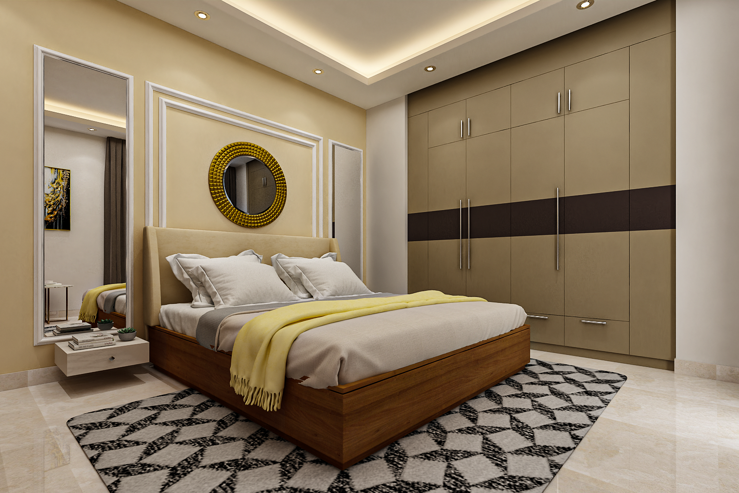 Modern Master Bedroom Design With White Trims And Circular Mirror ...