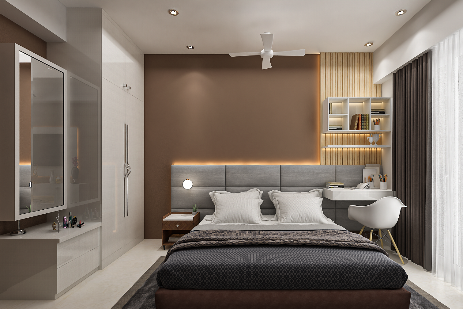 Modern Spacious Brown Master Bedroom Design With White Wardrobe