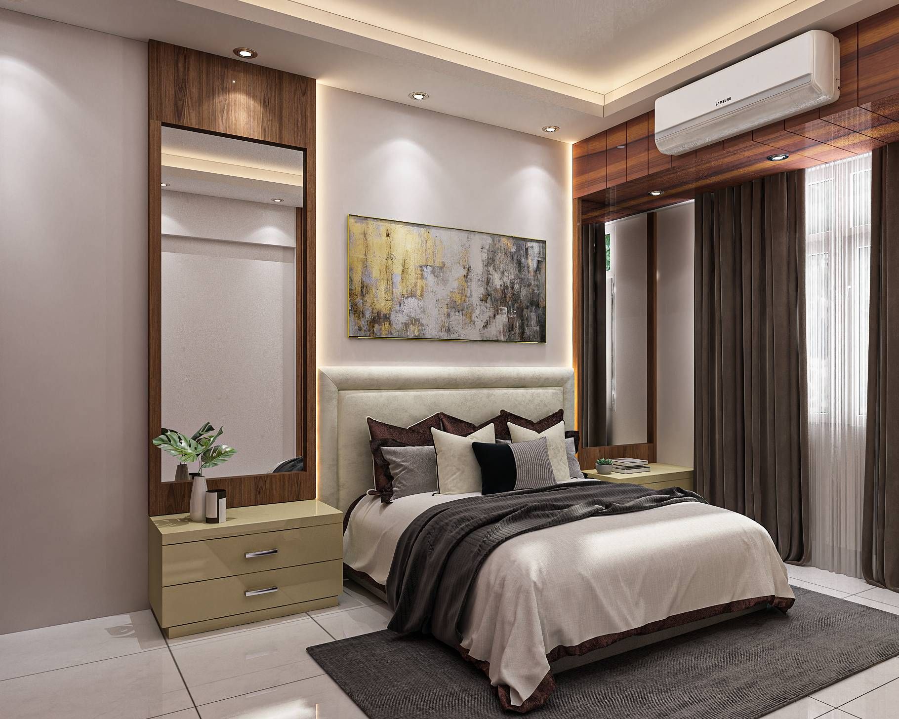 Compact Master Bedroom Design With OffWhite Headboard Livspace