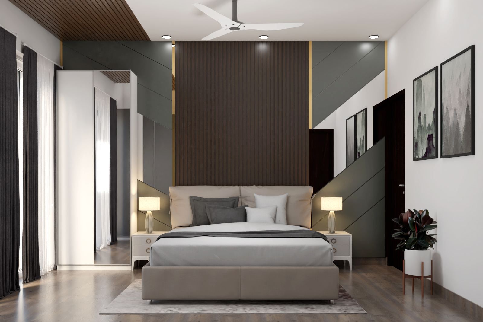 Master Bedroom Design With Wood And Grey Mirror | Livspace