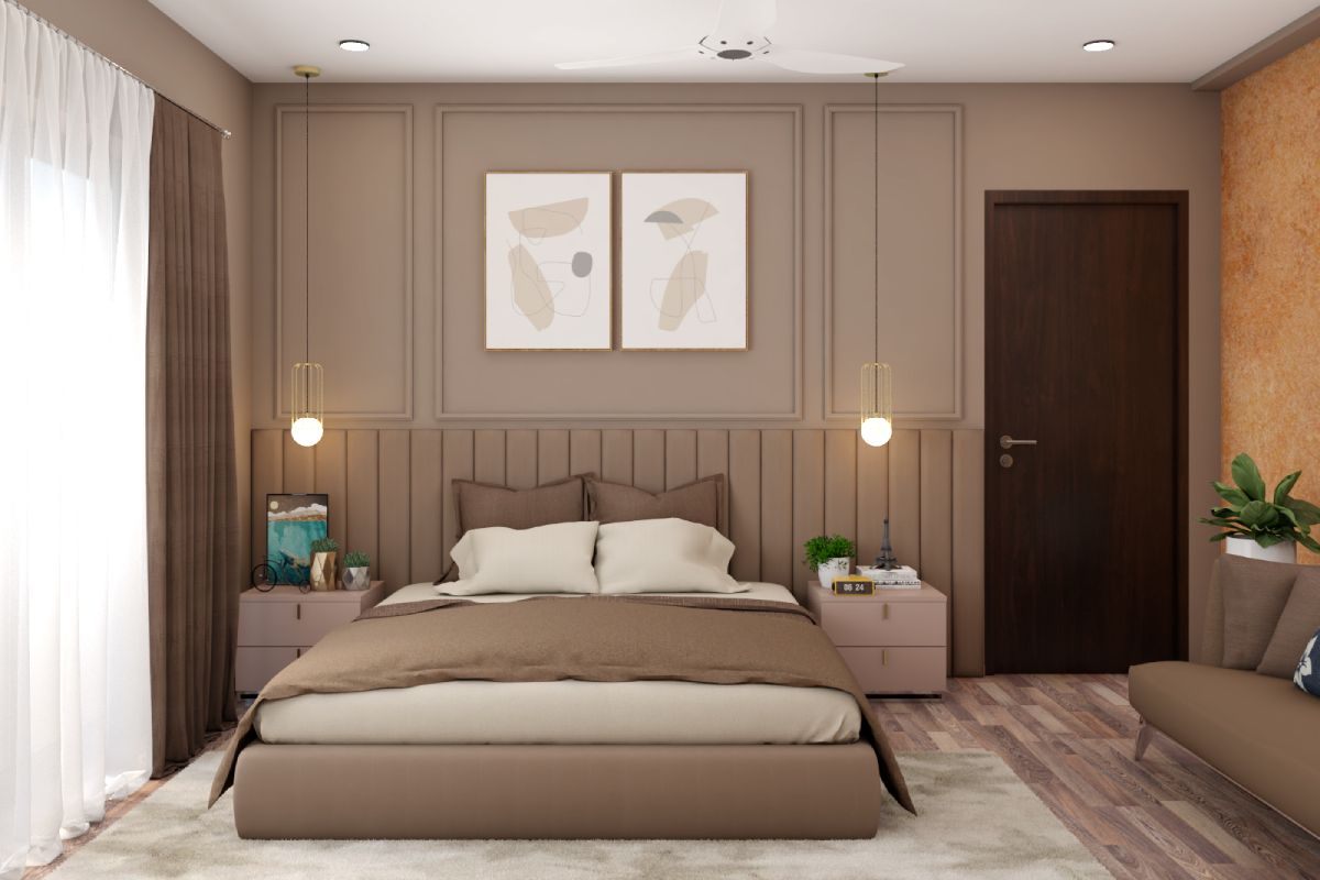 Master Bedroom With Beige Tufted Back Panel | Livspace