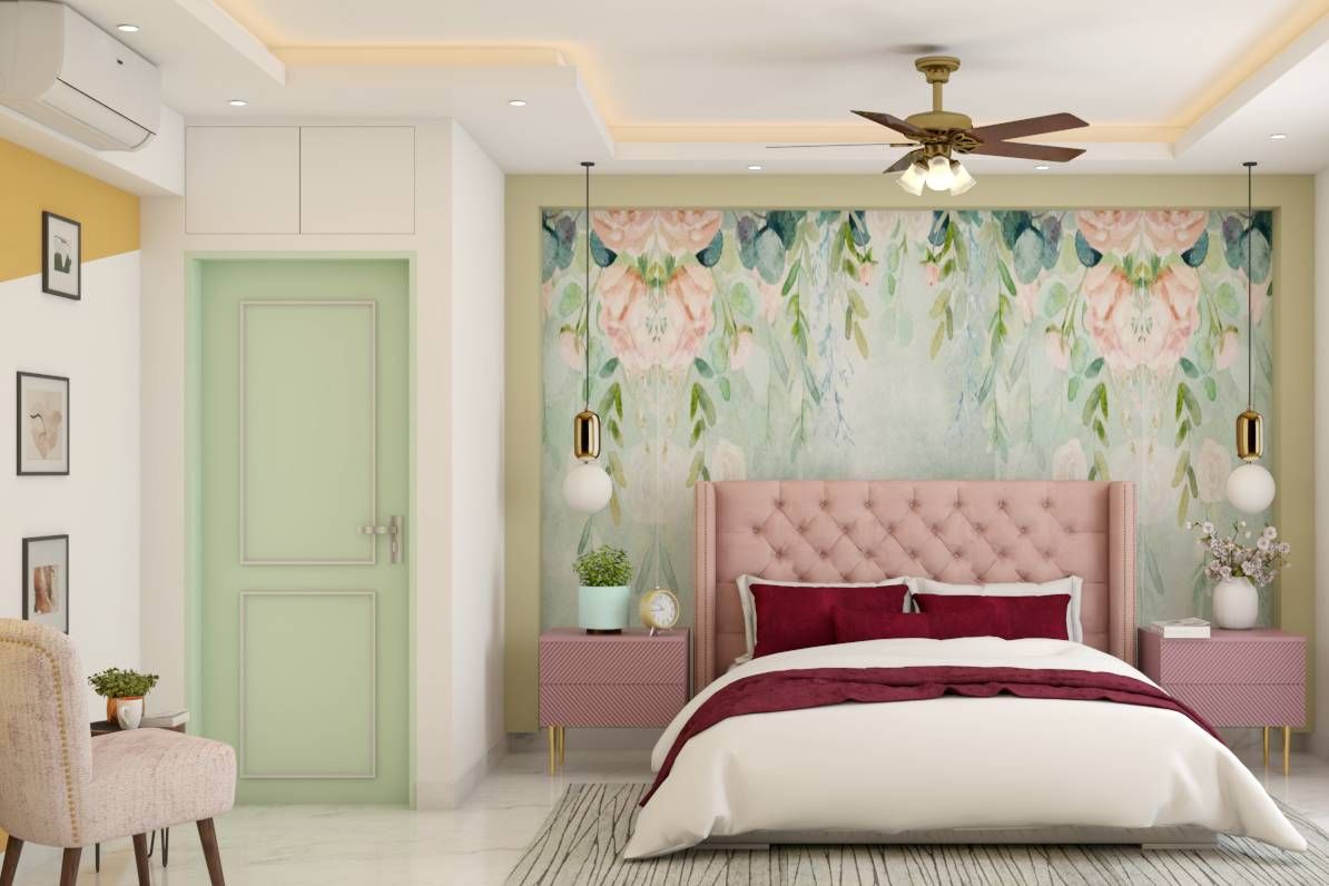 Spacious Master Bedroom Design With Printed Accent Wall | Livspace