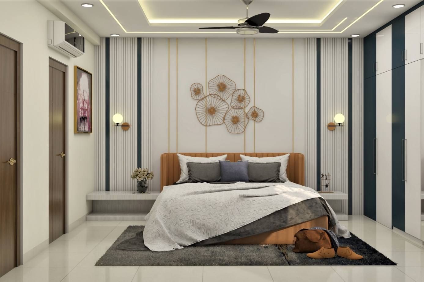 Spacious Master Bedroom Design With Blue Panelling | Livspace