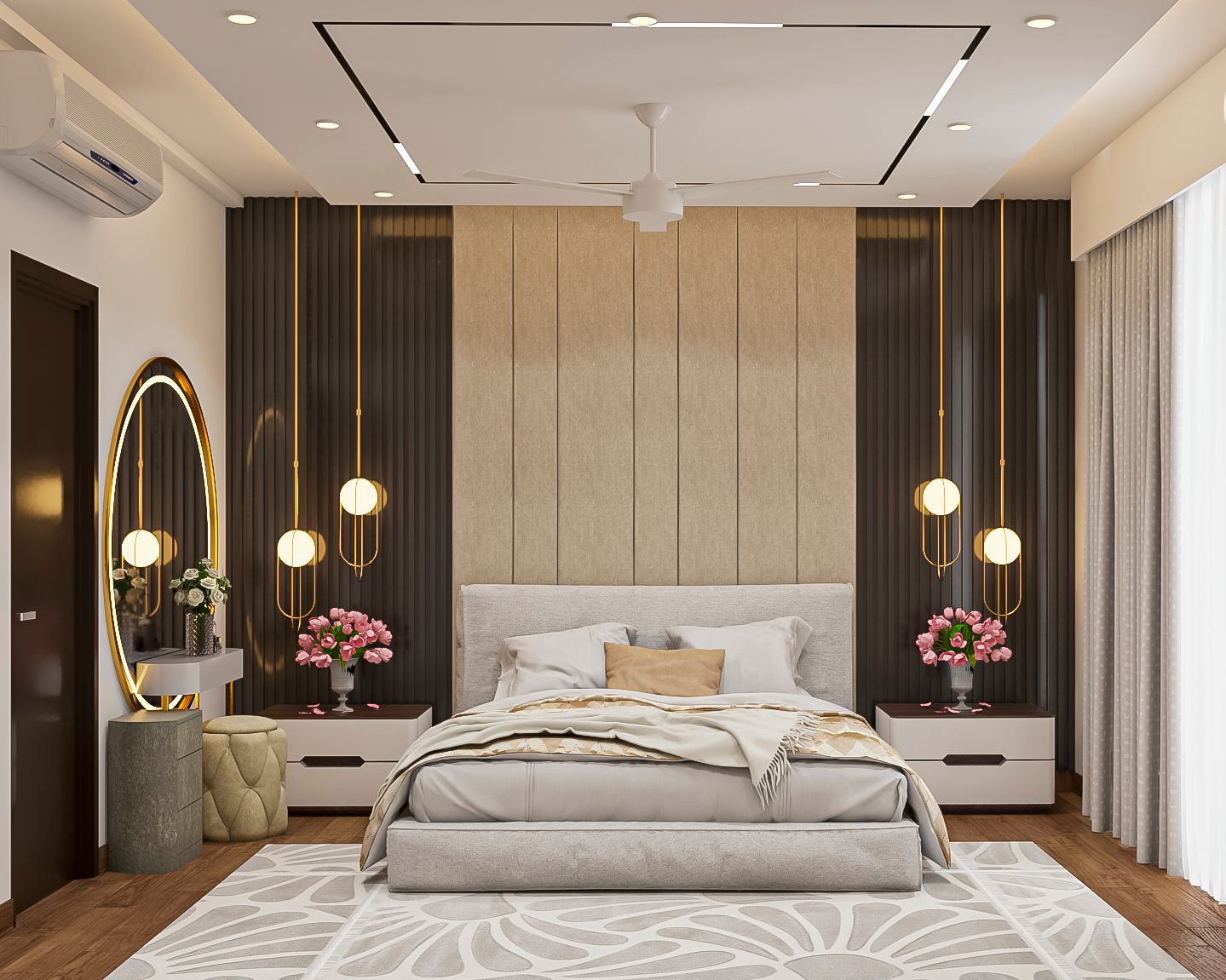 Master Bedroom Design With Beige And Brown Accent Wall And Fluted Paneling