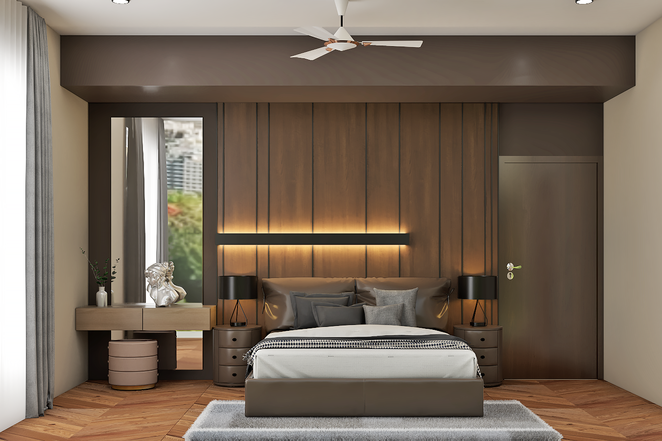 Modern Style Convenient Master Bedroom Design With Wooden Panel
