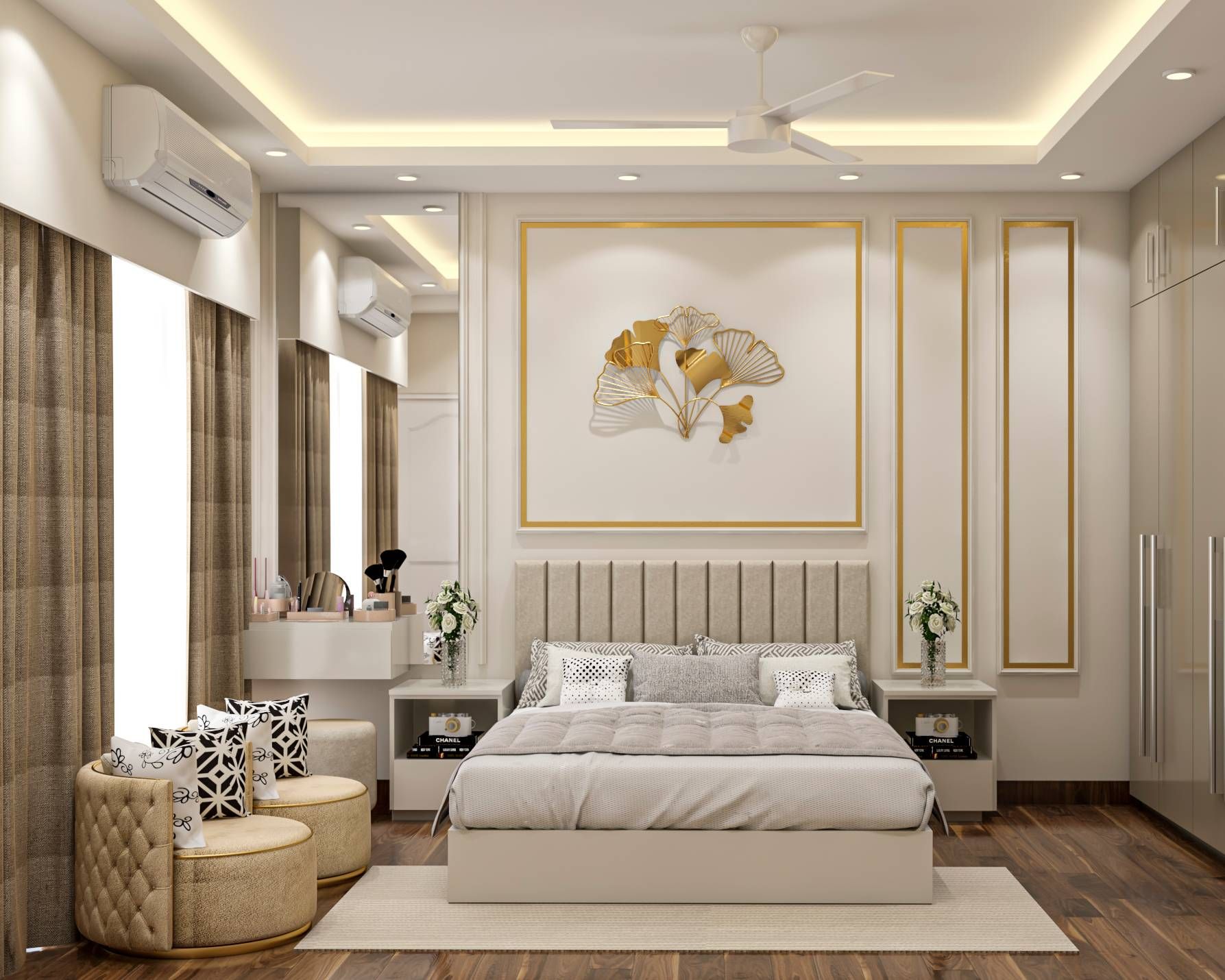 Classic Spacious Master Bedroom With Wooden Flooring And False Ceiling