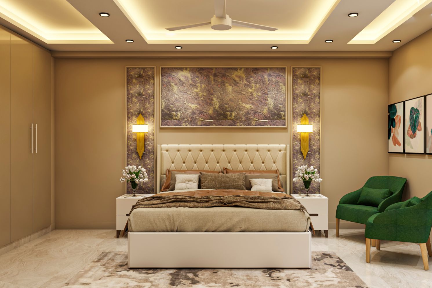 Modern Style Spacious Convenient Master Bedroom Design With False Ceiling