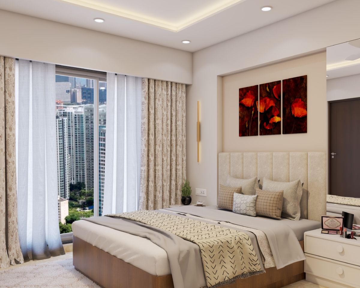 Compact Master Bedroom Design With Beige Tones And Modern Wall Art ...