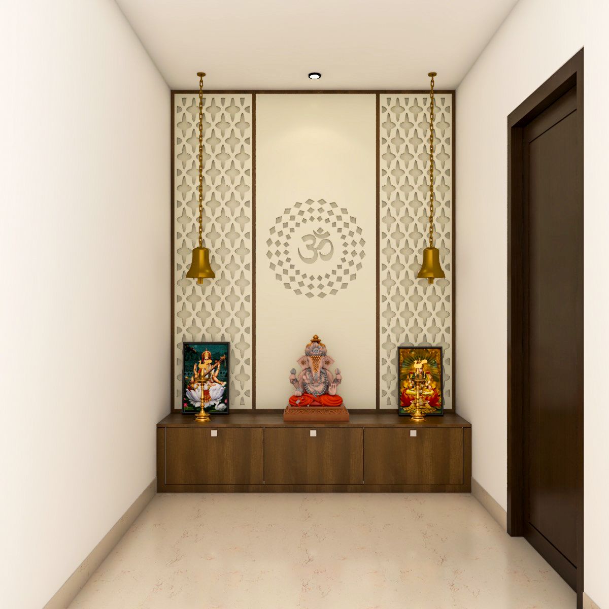 Spacious Pooja Room Design With Jaali Patterns And Hanging Bells | Livspace