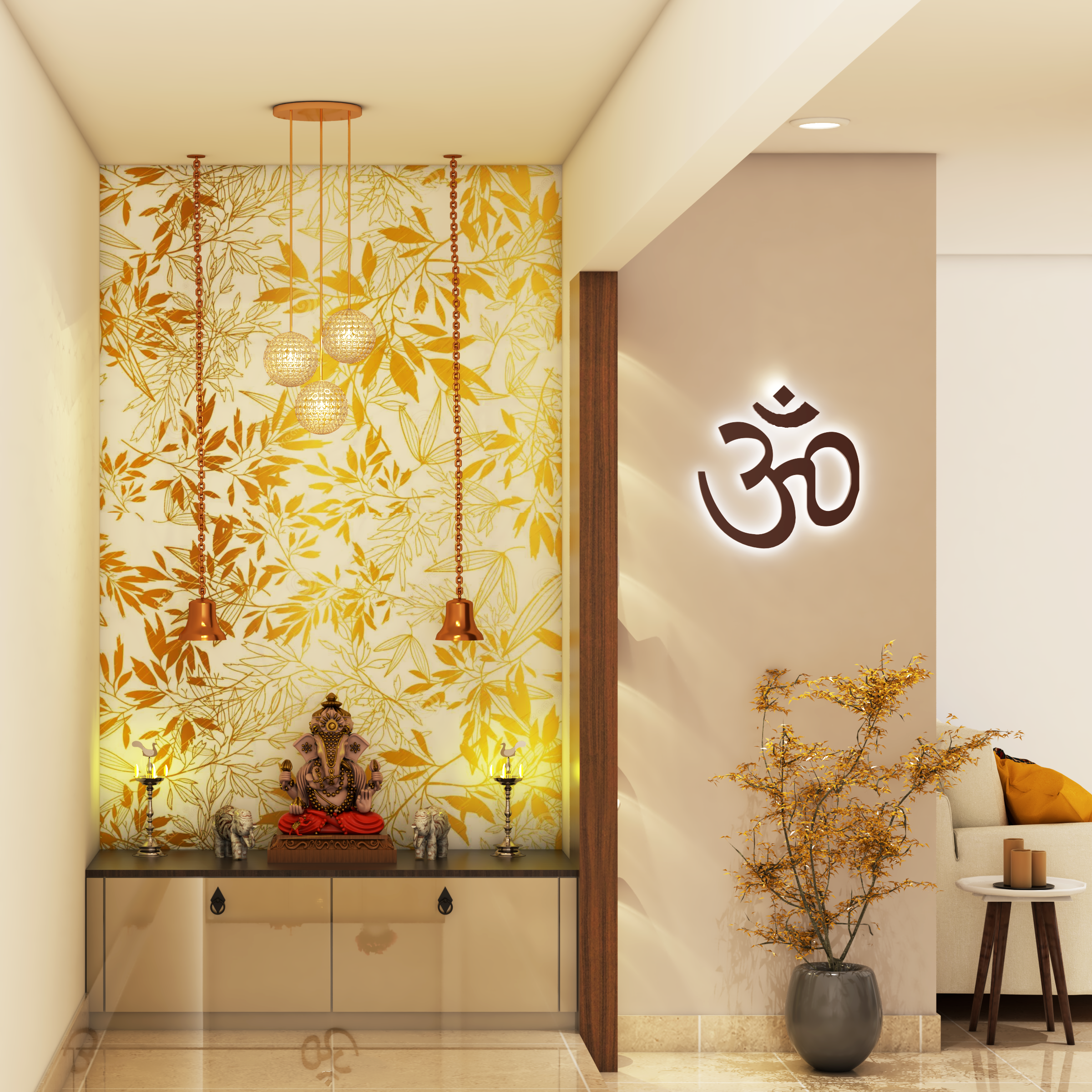 Modern Pooja Room Designed For Spacious Layout With Golden Leafy Wallpaper  | Livspace