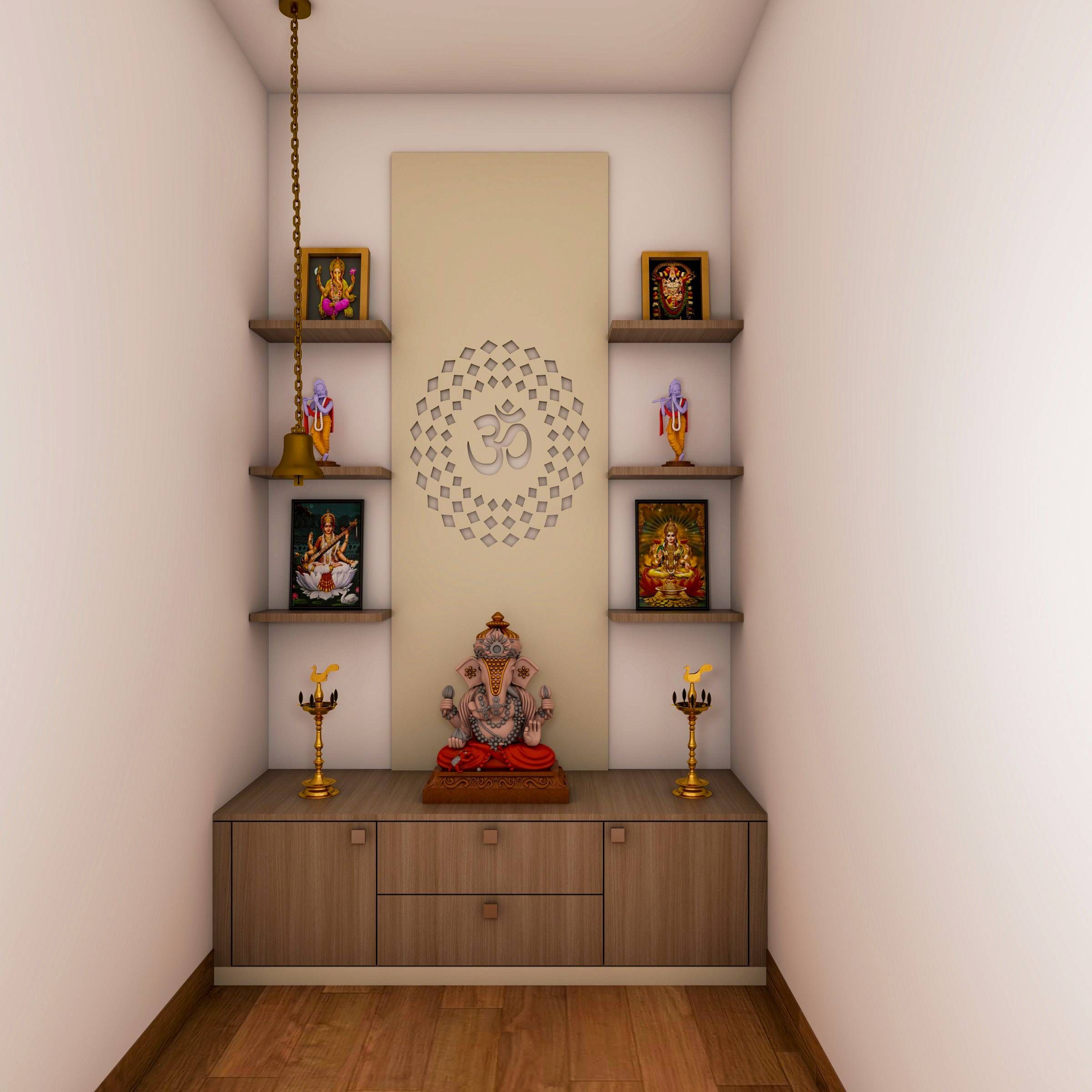 Contemporary Compact Pooja Room Design With Storage Unit
