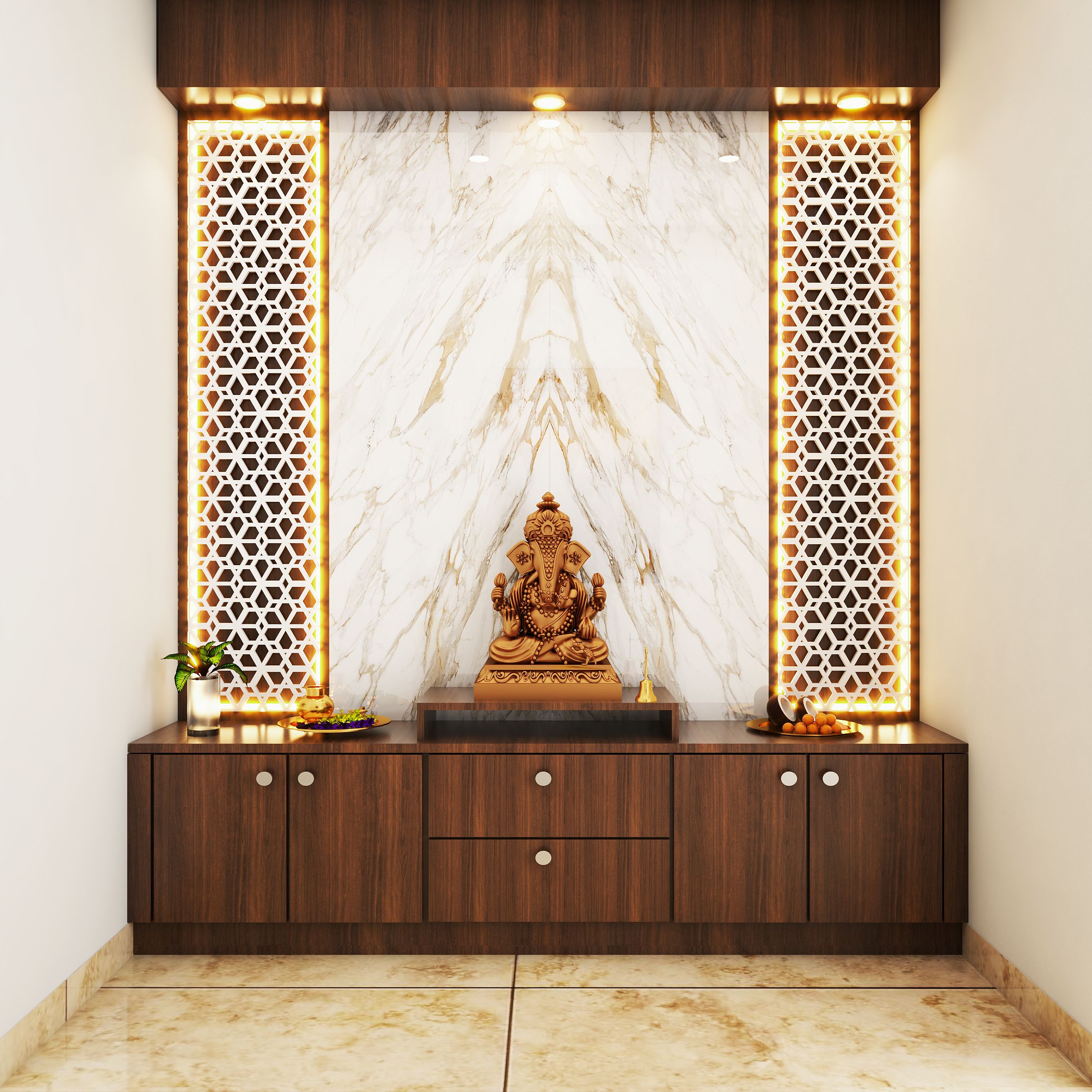 Modern Pooja Room Design With White Jaali And Marble Backdrop