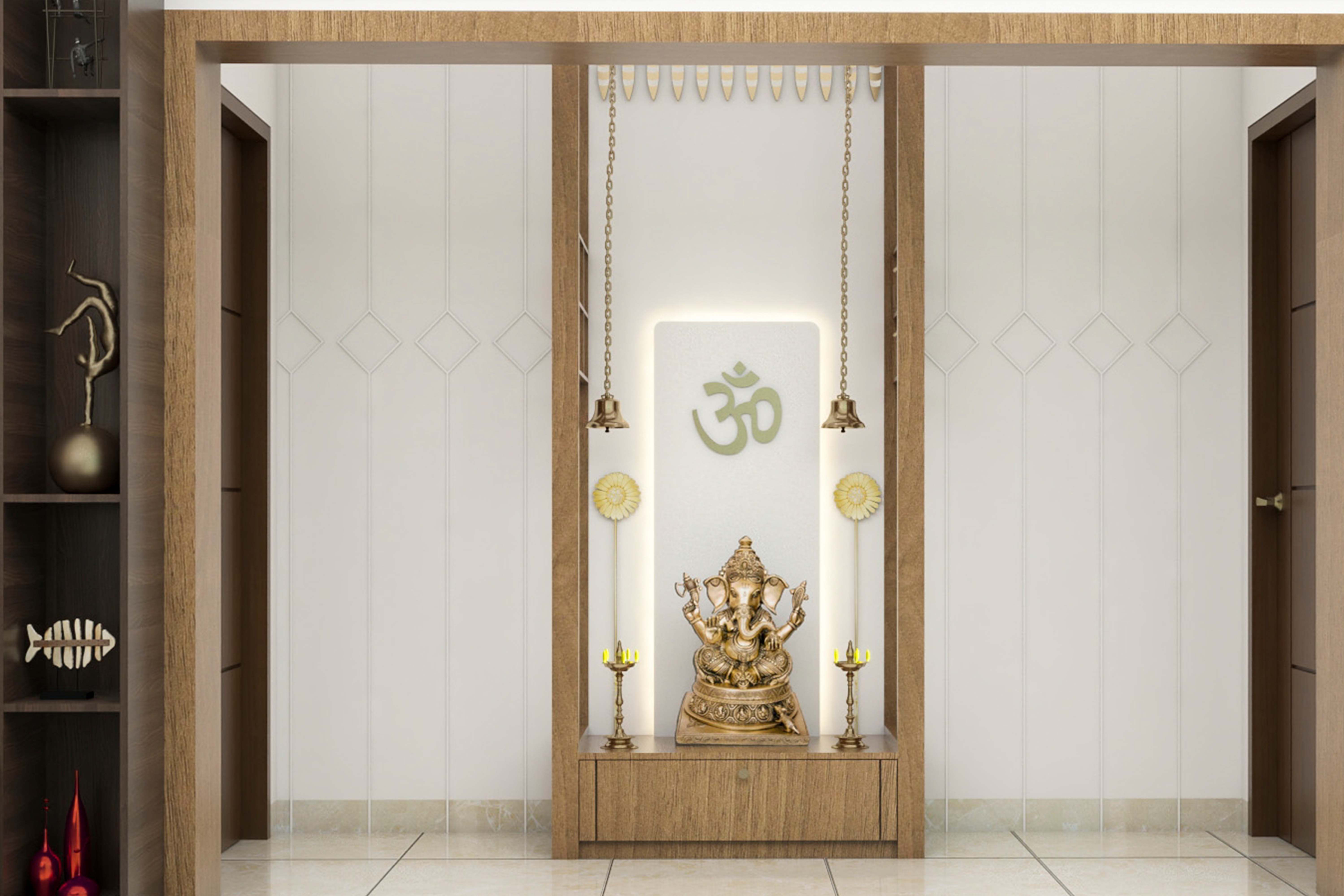 Modern Pooja Room Design With Wooden Beams