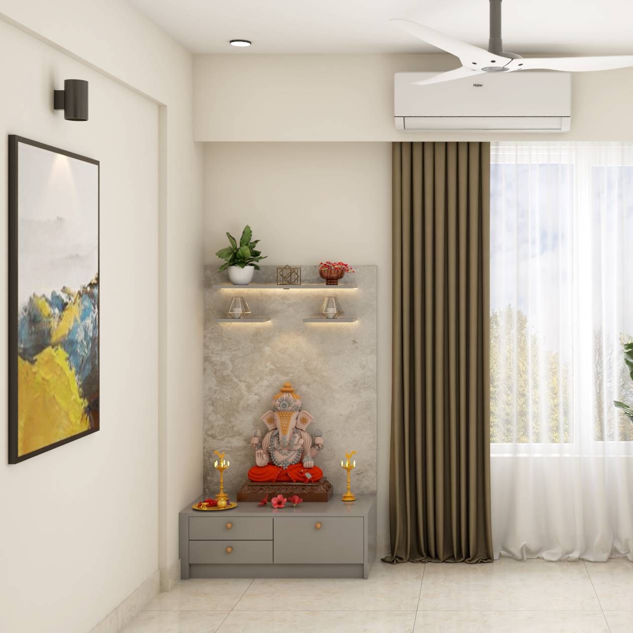 Modern Compact Pooja Room With Marble Backdrop | Livspace