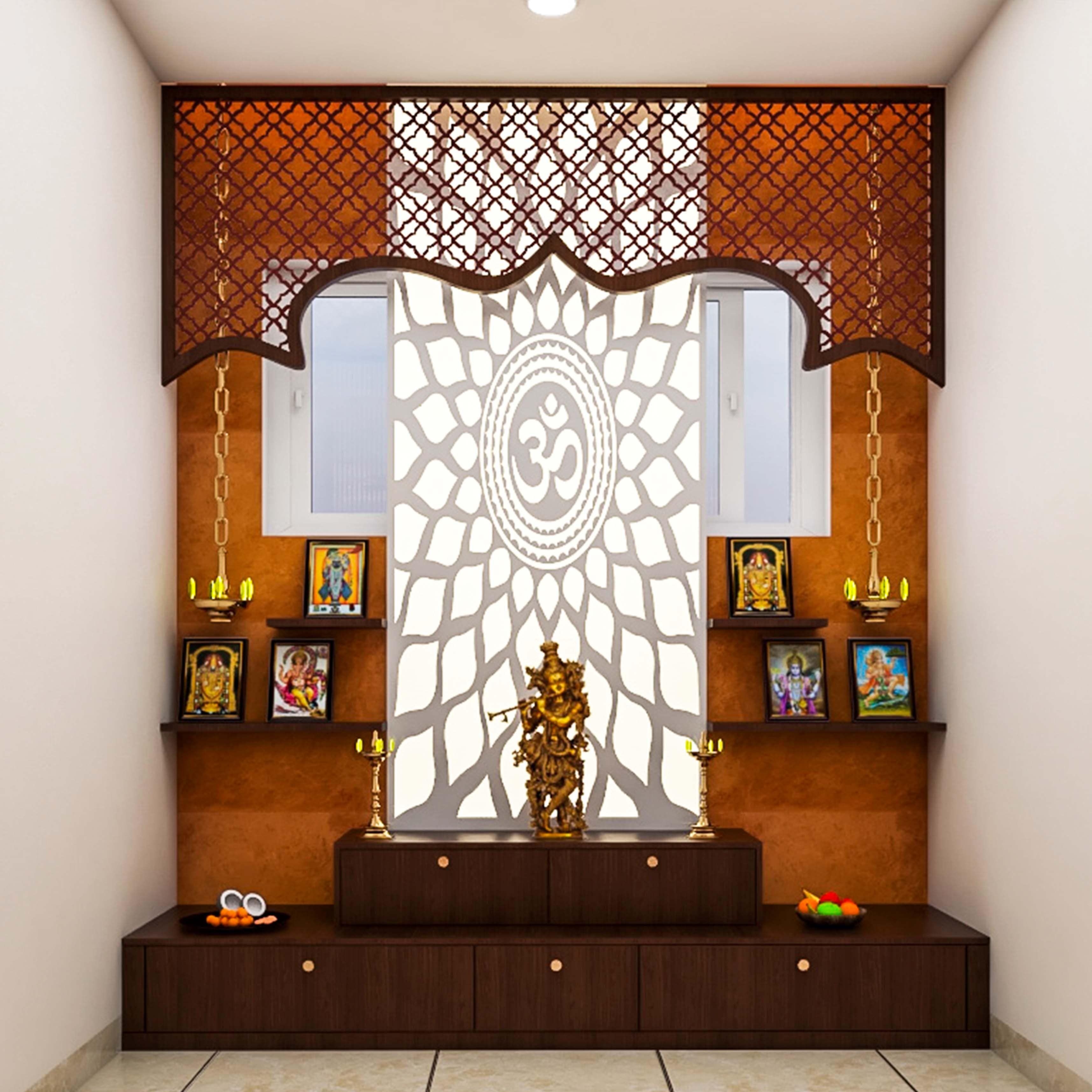 Contemporary Mandir Design With Metallic Arch And LED Panel | Livspace