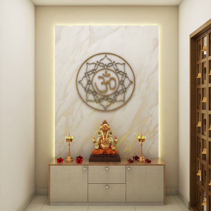 Modern Pooja Room Design With Stone Wall Panel