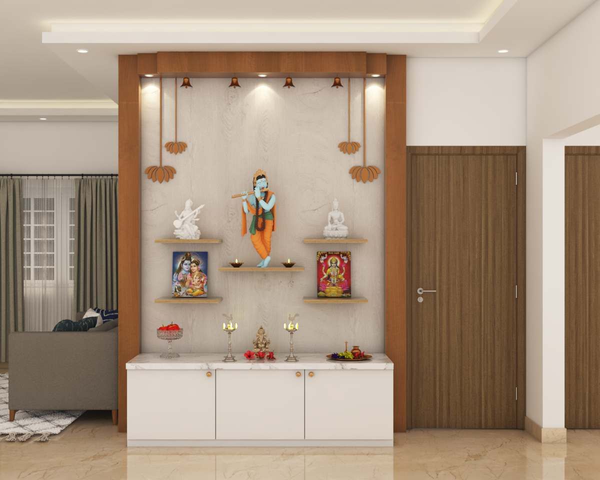 Modern Pooja Room With Wall-Mounted Shelves And White Storage Cabinet